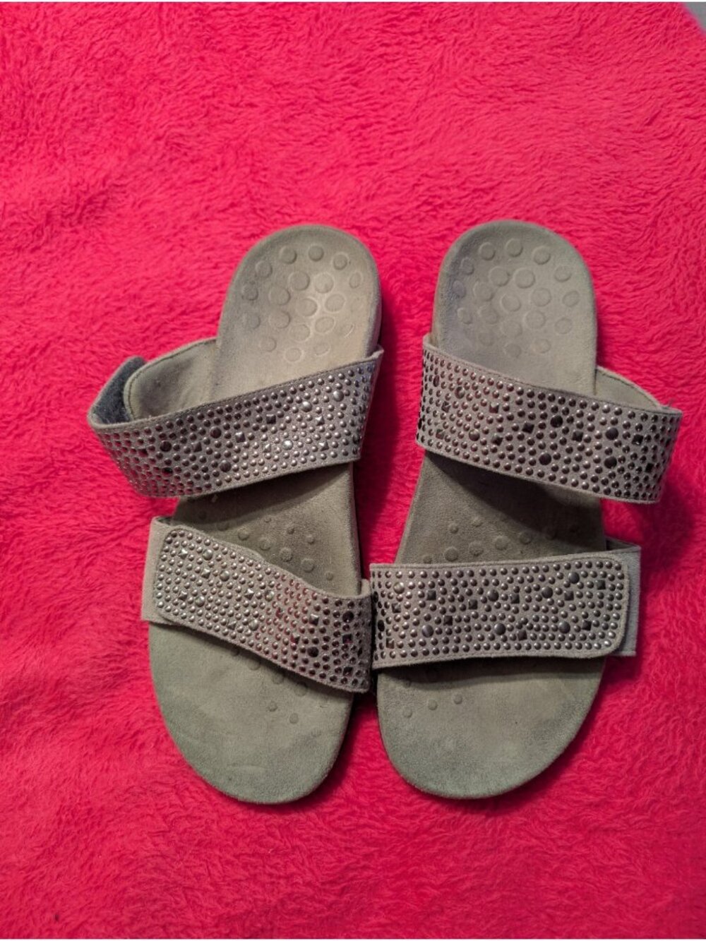Vionic Amber Studded Slide Sandals Womens 9 Gray Orthotic Adjustable Comfort